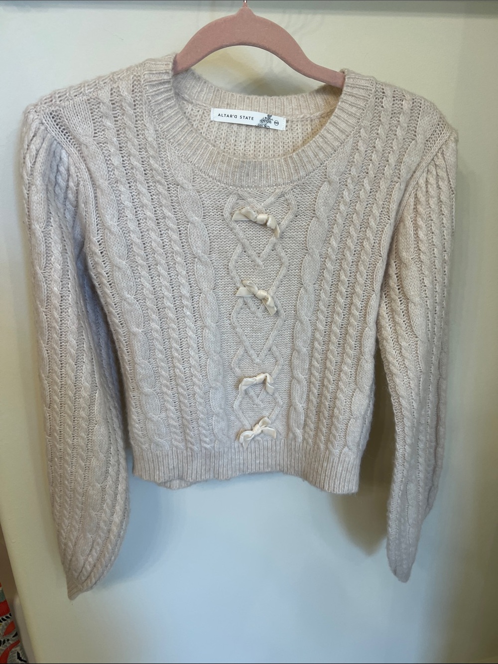 Altar’d State Cream Cable Knit Bow-Accent Sweater